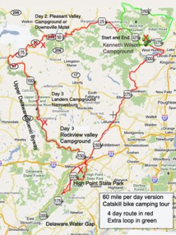 Catskill 60 mile per day cycling tour map